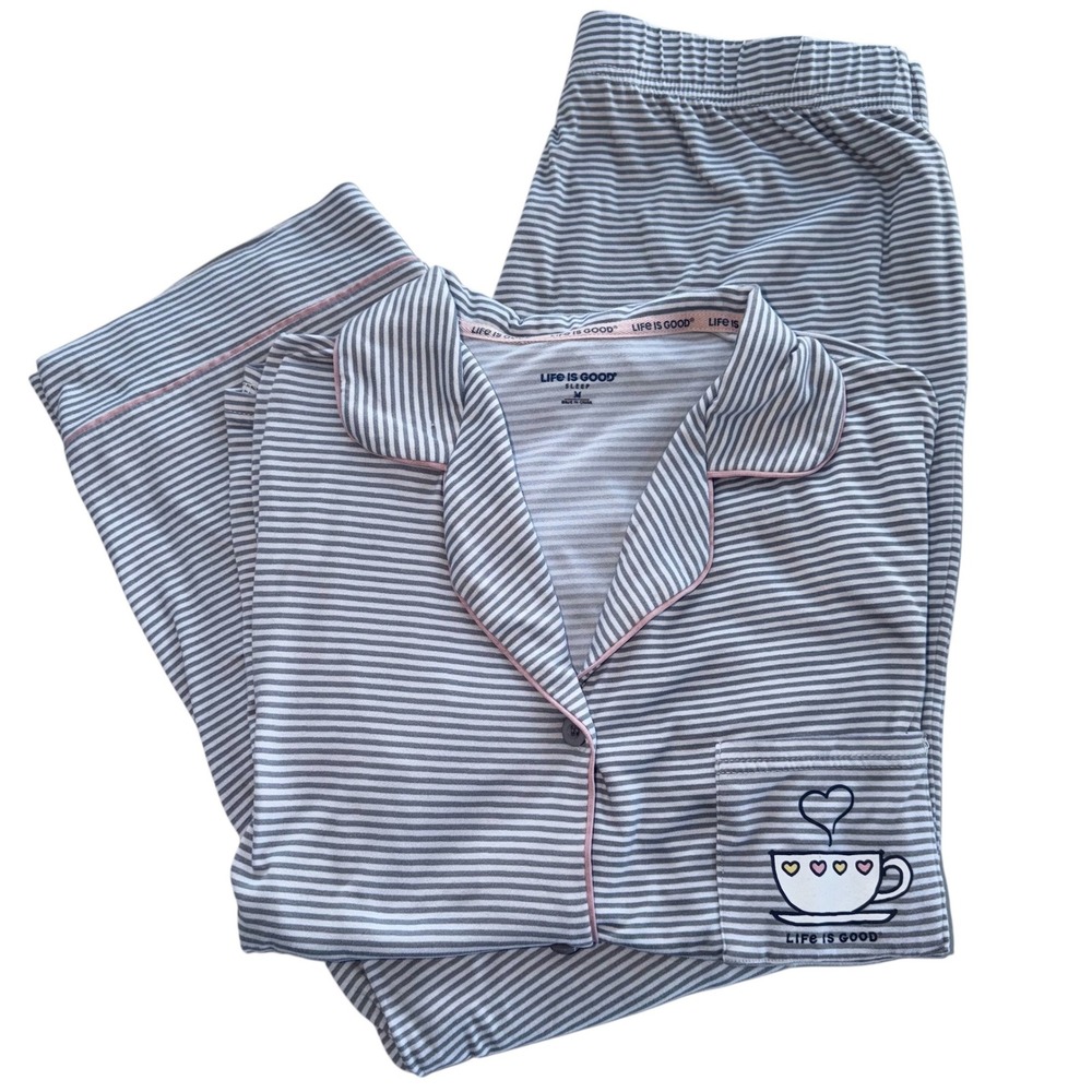 Life Is Good Pajama Set Womens M Gray Stripe Sleepwear